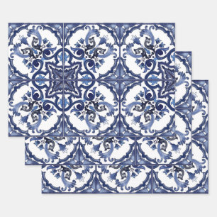 Italian Blue & White Sicilian Majolica Mosaic Wrapping Paper Sheets