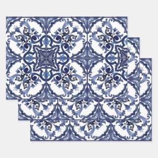 Italian Blue & White Sicilian Majolica Mosaic Wrapping Paper Sheets