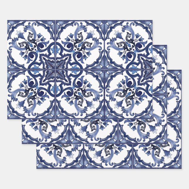 Italian Blue & White Sicilian Majolica Mosaic Wrapping Paper Sheets (Set)