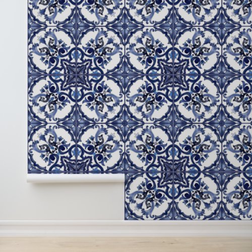 Italian Blue  White Sicilian Majolica Tiles Wallpaper