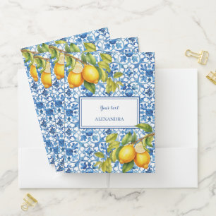 Italian Blue White Tiles Lemons Mediterranean  Pocket Folder