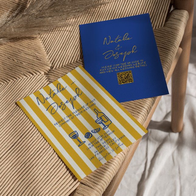 Italian Blue Yellow Hand Written QR Code Wedding Invitation (Creator Uploaded)