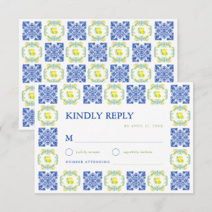 Italian Blue & Yellow Lemon Tile Wedding RSVP Card