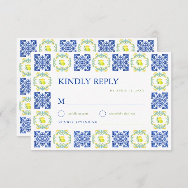 Italian Blue & Yellow Lemon Tile Wedding RSVP Card (Front/Back)