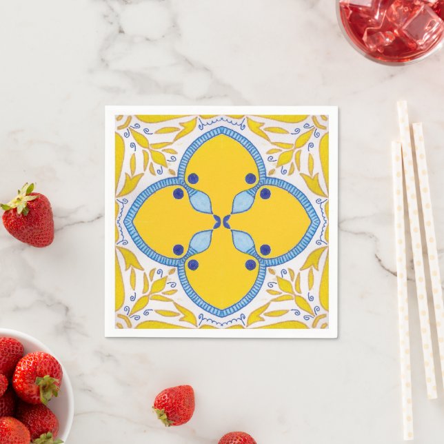 Italian Blue Yellow Tile Summer Bridal Shower  Napkins (Insitu)
