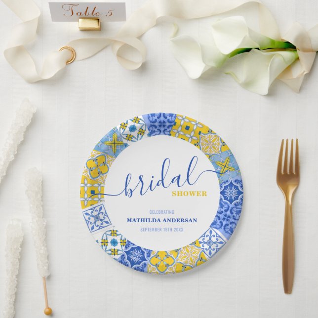 Italian Blue Yellow Tiles Summer Bridal Shower  Paper Plates (Wedding)