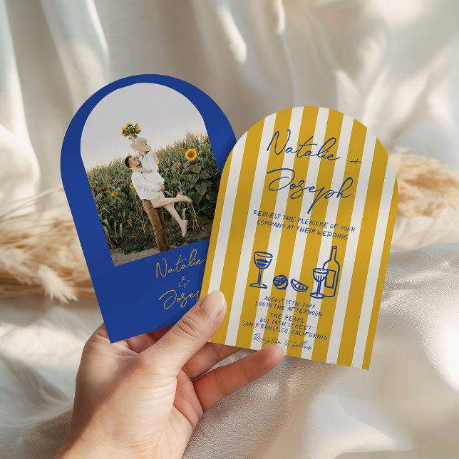 Italian Blue Yellow Written Photo Arch Wedding Invitation (Creator Uploaded)
