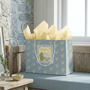 Italian Botanical Coastal Monogram Lemon Print Large Gift Bag