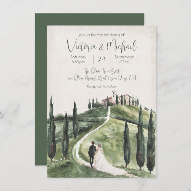 Italian bride & groom cyprus hillside wedding invitation (Front/Back)