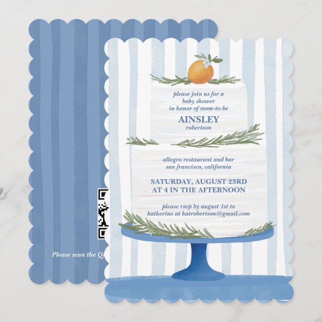 Italian Cake Blue Striped Baby Shower Invite (Front/Back)