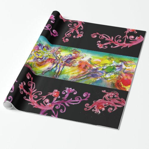 ITALIAN CARNIVAL DANCE  RED PURPLE  FLORAL SWIRLS WRAPPING PAPER