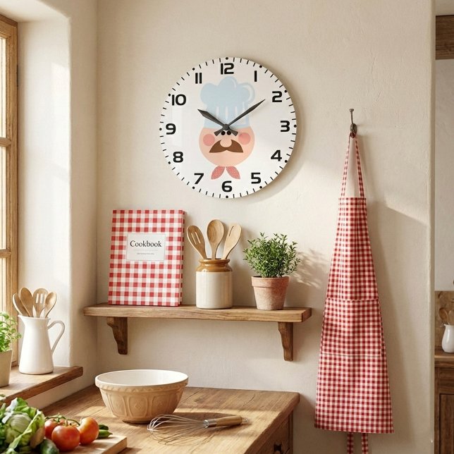Italian Chef Face with Mustache and Hat Large Clock (Creator Uploaded)