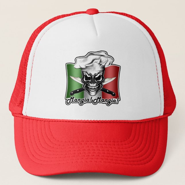 Italian Chef Skull Hat: Mangia! Mangia! Trucker Hat (Front)