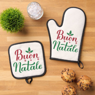 Italian Christmas Buon Natale Kitchen Oven Mitt & Pot Holder Set