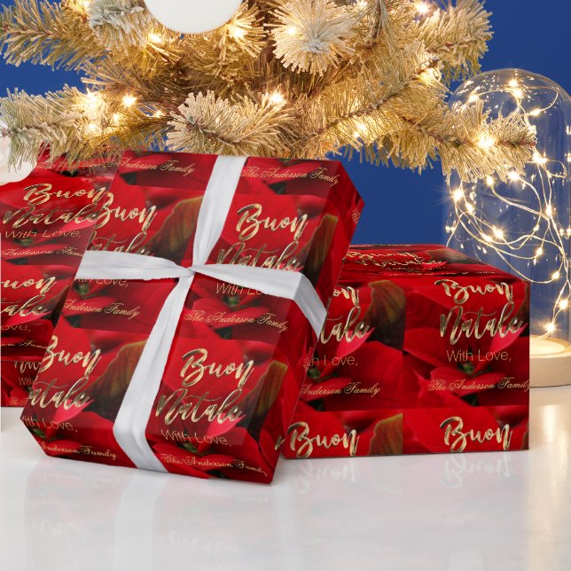 Italian Christmas Buon Natale Red Poinsettia Wrapping Paper (Holidays)