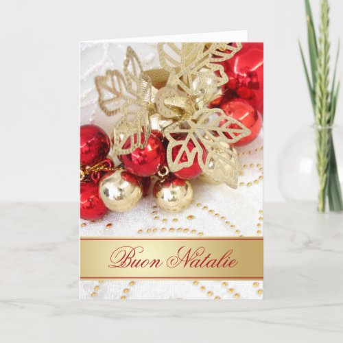 Italian Christmas Red Gold Baubles Leaves Holiday Card