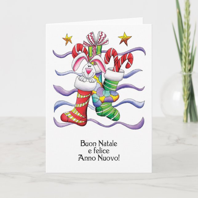 Italian - Christmas Stocking With Rabbit And Gifts Holiday Card (Front)