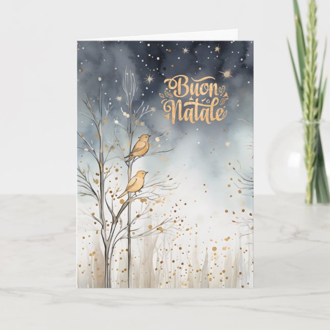 Italian Christmas Winter Forest Wild Birds Navy Holiday Card (Front)