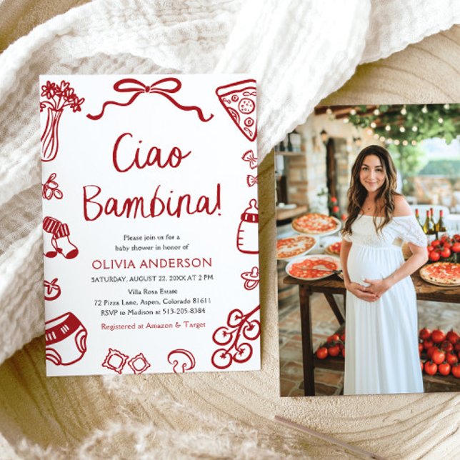 Italian Ciao Bambina Girl Whimsical Baby Shower Invitation (Watercolor Italian Ciao Bambina Girl Whimsical Baby Shower Invitation)