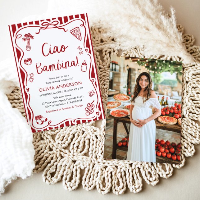 Italian Ciao Bambina Girl Whimsical Baby Shower Invitation (Watercolor Ciao Bambina Girl Whimsical Italian Baby Shower Invitation)