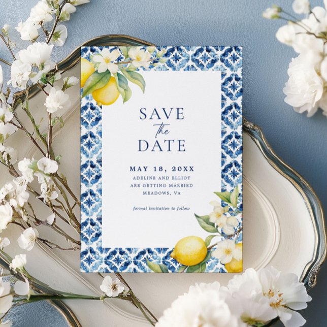Italian Citrus Lemon Blue Tile Save The Date Invitation (Creator Uploaded)