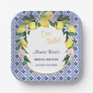 Italian Citrus Lemon Blue Tiles Bridal Shower  Paper Plates