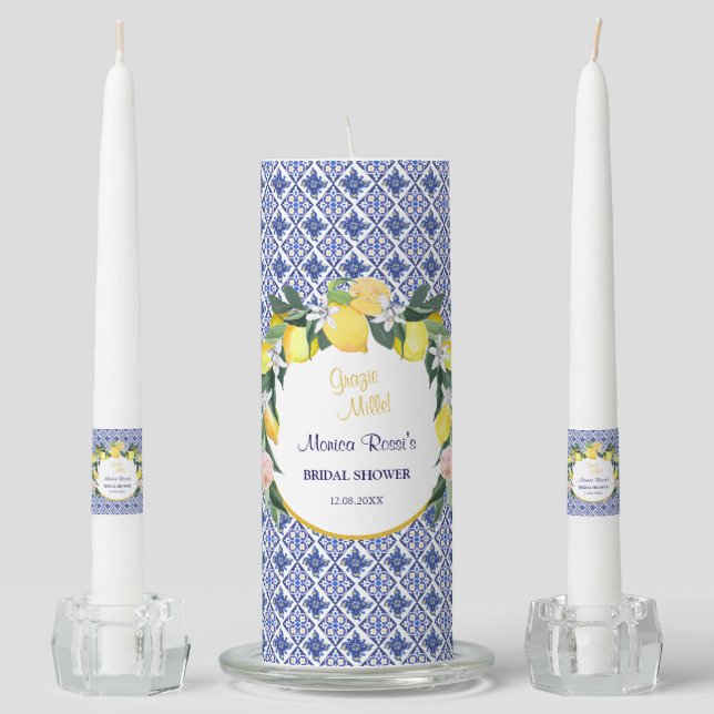 Italian Citrus Lemon Blue Tiles Bridal Shower  Unity Candle Set (Front)