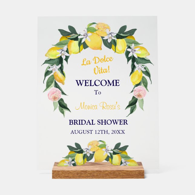 Italian Citrus Lemon Wreath Blue Bridal Shower  Acrylic Sign (Front)