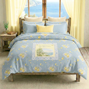 Italian Coast Monogram Name Watercolor Lemon Tile Duvet Cover