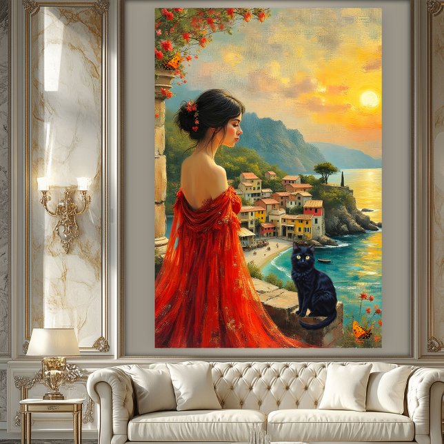 Italian Coast with Lady and Black Cat Acrylic Print (Colorful Italian coastal scene with lady in red and black cat. Original fine art, loosely painted)