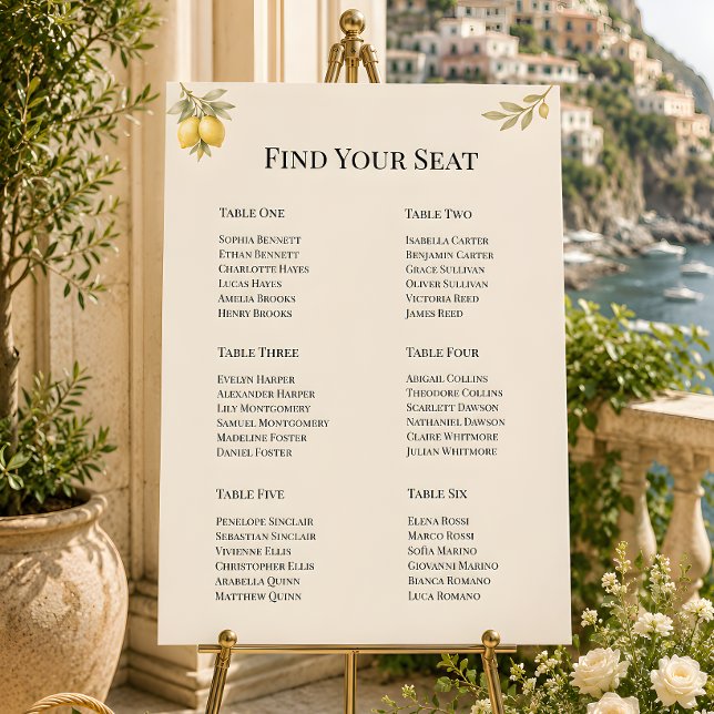 Italian Coastal Lemon Seating Chart Foam Boards (European themed wedding reception seating chart)