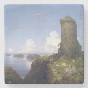Italian Coastal Scene with a Ruined Tower Stone Coaster