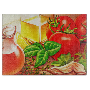 Italian Cooking Ingredients Tomatoes and Basil Cut Cutting Board