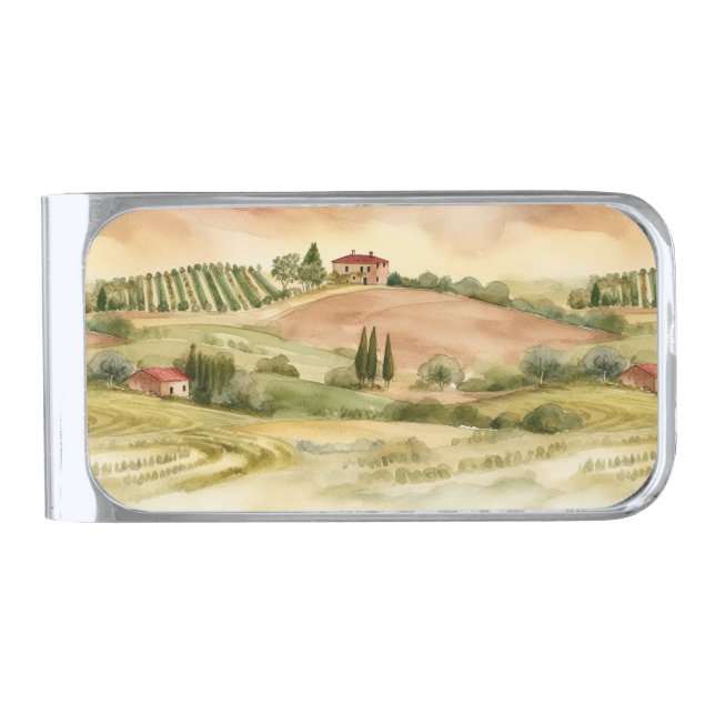 Italian Countryside Scenic Italy Watercolor Silver Finish Money Clip (Front)
