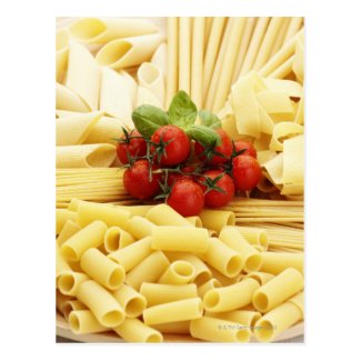 Italian cuisine. Pasta and tomatoes. Postcard