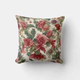 Italian Delicate Pink-Red Roses and Leaves Throw Pillow