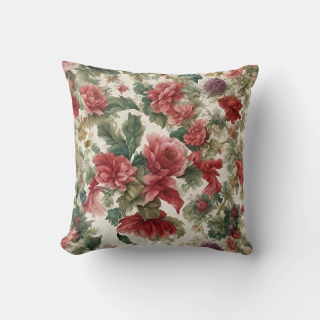 Italian Delicate Pink-Red Roses and Leaves Throw Pillow (Front)