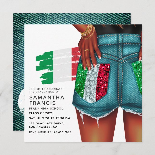 Italian Denim Girl Graduation Party Invitation (Front/Back)