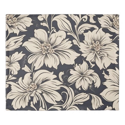 Italian Exquisite Beige Flowers on Black Backgroun Duvet Cover