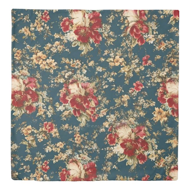 Italian Exquisite Floral Pattern in Red and Teal Duvet Cover (Front)