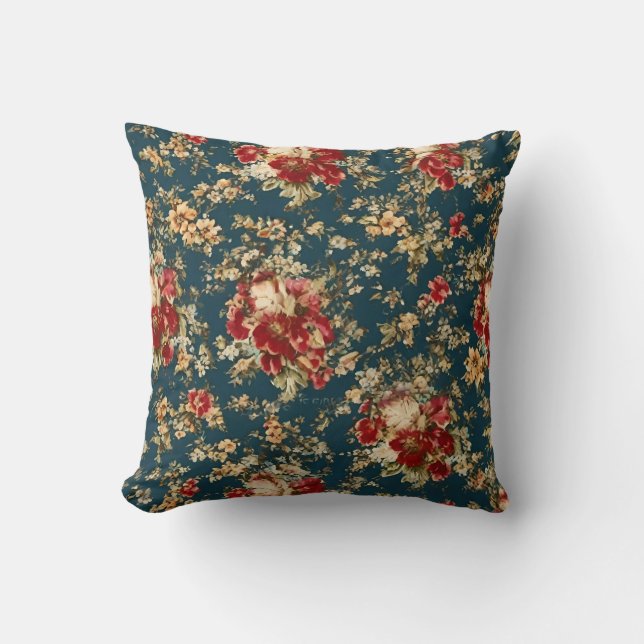 Italian Exquisite Floral Pattern in Red and Teal  Throw Pillow (Front)