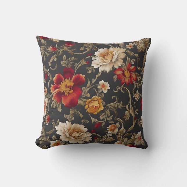 Italian Exquisite Red and White Flowers, Leaves Throw Pillow (Front)