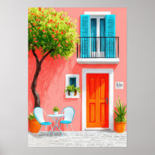 Italian facade with a blooming tree poster