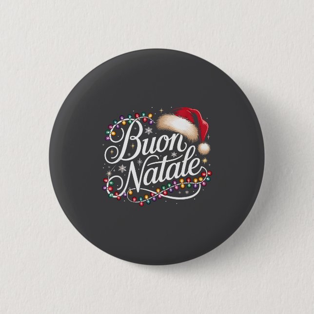 Italian Family Christmas Lights Red Santa Hat Buon Button (Front)