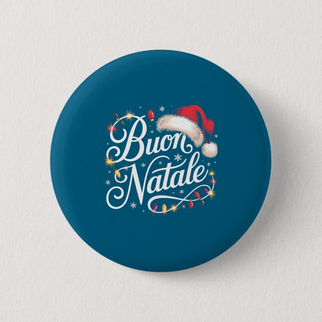 Italian Family Christmas Lights Red Santa Hat Buon Button (Front)