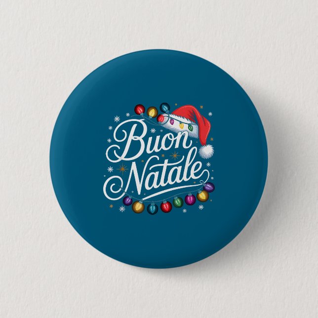 Italian Family Christmas Lights Red Santa Hat Buon Button (Front)