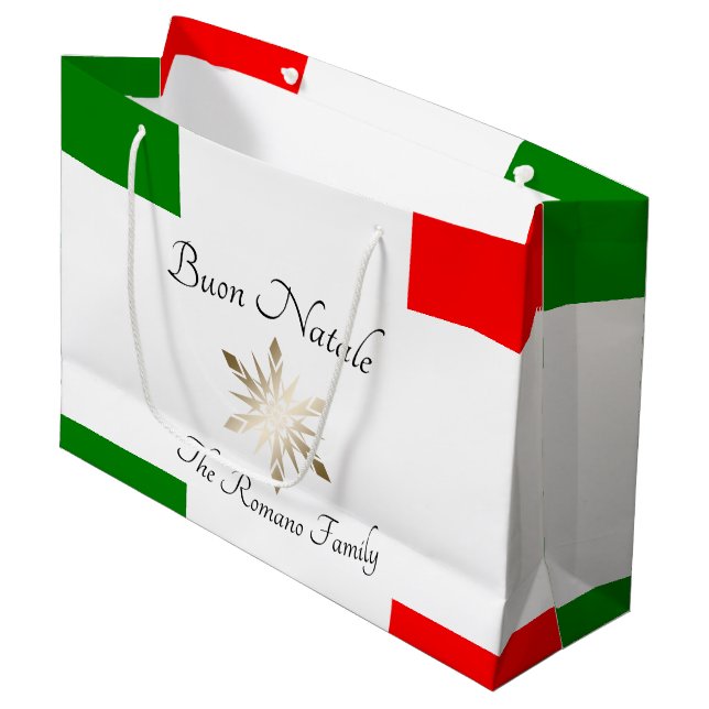 Italian Family Name Buon Natale Flag and Snowflake Large Gift Bag (Front Angled)