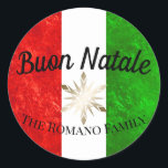 Italian Family Name Buon Natale Flag Christmas Classic Round Sticker<br><div class="desc">This custom Italian Christmas sticker features the phrase "Buon Natale" printed in an elegant black font. Buon Natale is Italian for "Merry Christmas". The flag of Italy is featured in the background in a foil like pattern. The green and red colors of the flag have a shiny, rippled foil design...</div>