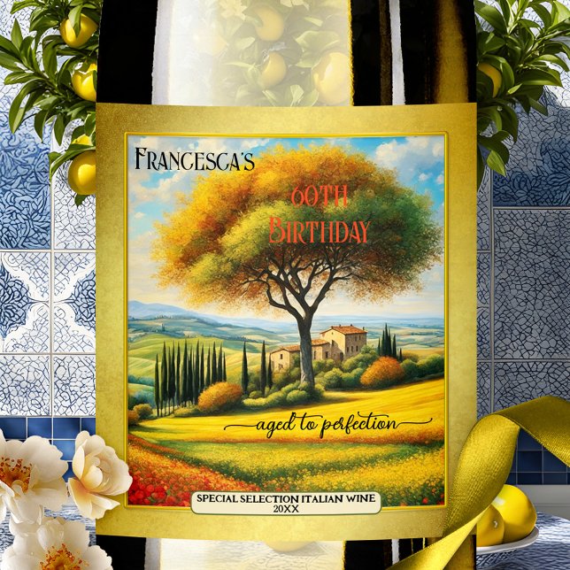 Italian Fine Art Summer Birthday  Wine Label (Colorful summer or fall birthday wine label featuring a fine art painting of Tuscany, Italy)