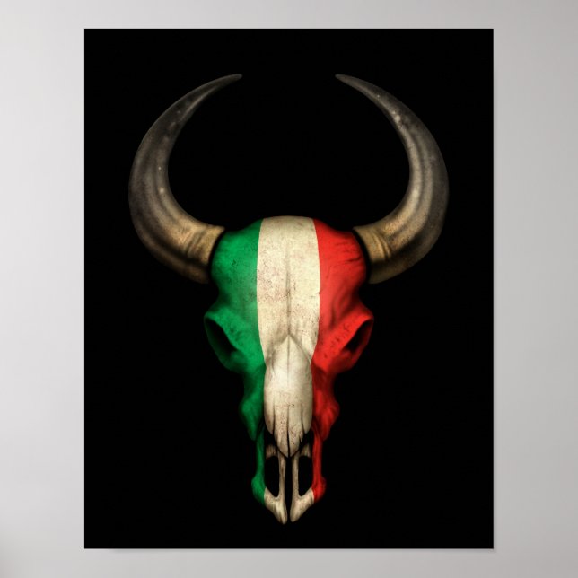Italian Flag Bull Skull on Black Poster (Front)